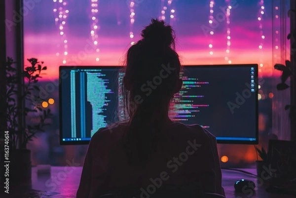 Fototapeta Programmer Woman Coding On Computer, Generative AI