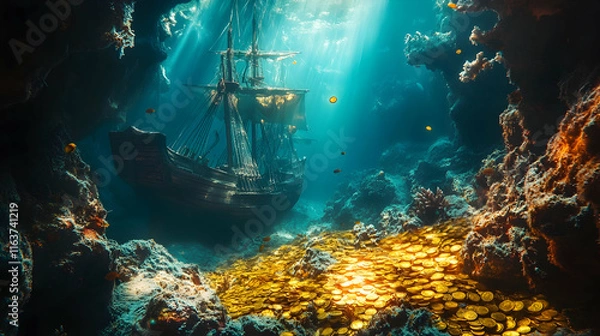 Obraz Enchanting underwater treasure cove filled with vibrant corals, a sunken ship, and shimmering gold coins, creating a magical and mysterious atmosphere