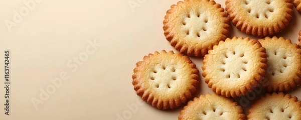 Fototapeta Minimal cookies concept. Delicious golden cookies arranged elegantly on a light background.