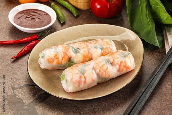Fototapeta Vietnamese spring roll with prawn
