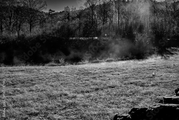 Fototapeta The morning fog rises from the frozen meadows of the karst