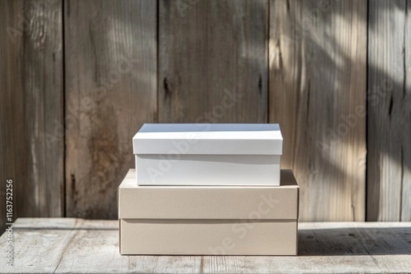Obraz Minimalist boxes positioned on rustic wooden surface, soft light