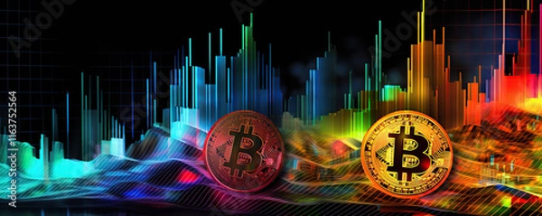 Fototapeta Colorful cryptocurrency market trend analysis with Bitcoin coins displayed on a vibrant background