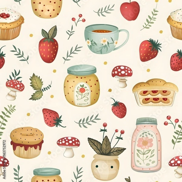 Fototapeta Sweet food pattern with cupcakes, tea, fruit, and desserts in a seamless design
