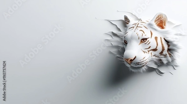 Fototapeta Majestic White Tiger Emerging from a Ripped White Wall: A 3D Render