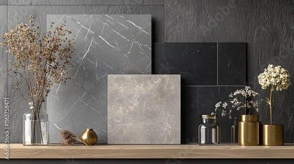 Obraz A modern mood board with rich gray marble, charcoal stone, pale ash wood swatches, glossy black tiles, and muted gray walls