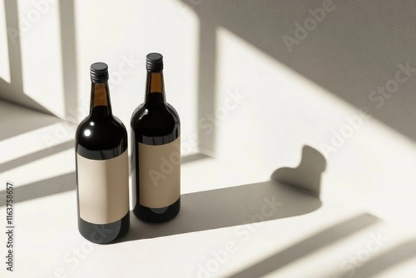 Fototapeta Two wine bottles cast elegant shadows, highlighting minimalist d