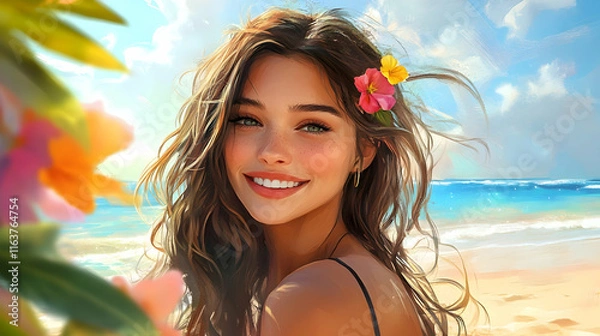Obraz Happy beautiful young woman smiling at the beach side, delightful girl enjoying sunny day out