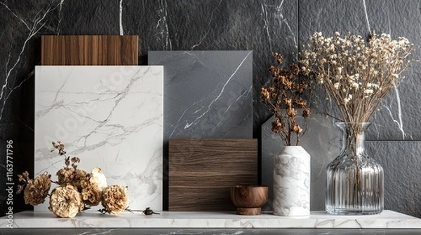 Obraz A refined mood board with white marble, gray stone, walnut wood swatches, black stone tiles, and dark gray walls