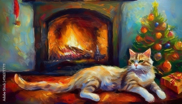 Fototapeta Generated imageHoliday Relaxation: A Cat by the Fireplace in an Oil Painting