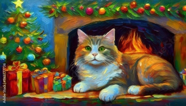 Fototapeta Generated imageHoliday Relaxation: A Cat by the Fireplace in an Oil Painting