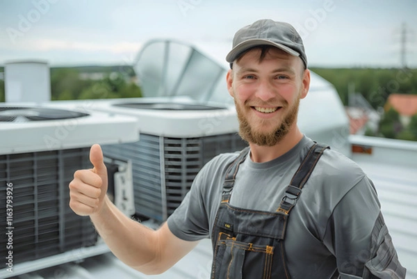 Fototapeta happy smiling male worker technician wearing overall installing air conditioner and looking cheerful, Generative ai