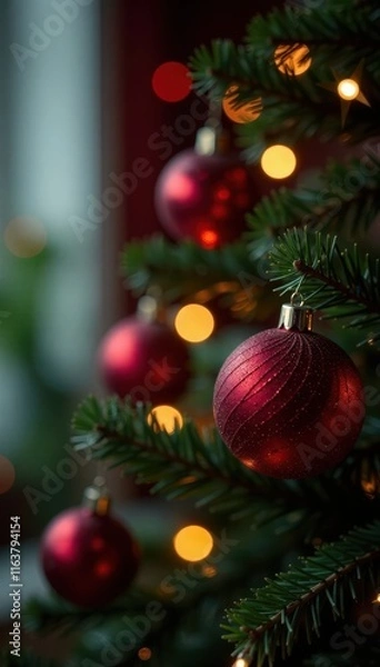 Obraz Classic Xmas tree, red blurred lights, shiny baubles , red, glow