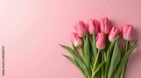 Fototapeta Pink tulips with green stems lie on a pink background, leaving ample copy space. International Women's Day