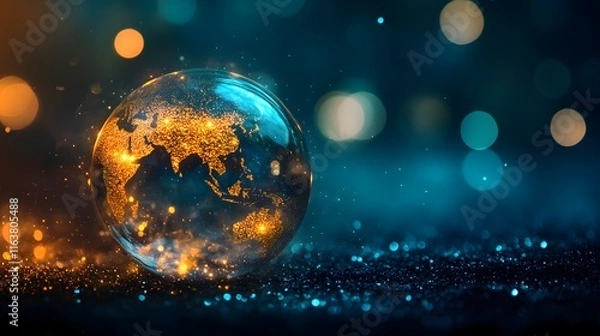 Fototapeta A glass globe with gold glitter continents and a dark blue background with bokeh lights.