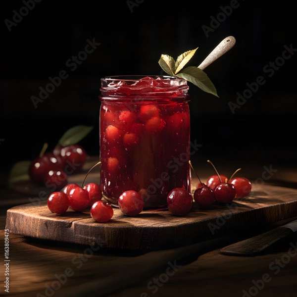Fototapeta Cherry jam in an old-fashioned glass jar with a spoon, decorated with cherry leaves, served on a wooden board, black background
