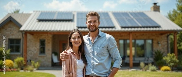 Obraz Joyful couple embracing in front of a house equipped with solar panels, showcasing sustainable actions and green living.

