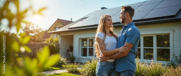 Obraz Joyful couple embracing in front of a house equipped with solar panels, showcasing sustainable actions and green living.

