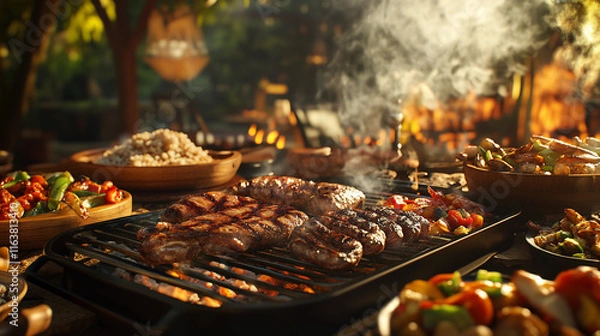 Obraz a Braai setup featuring sizzling meats like boerewors, chicken, and steak grilling over open coals, surrounded by vibrant side dishes such as pap, chakalaka, and roasted vegetables, with smoke rising