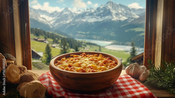 Obraz Älplermagronen served in a wooden bowl on a rustic table, surrounded by traditional Swiss decor like a red-checked cloth, with a scenic view of the Alps visible in the background