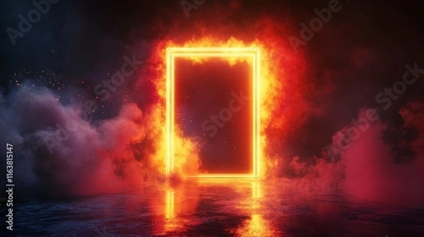 Fototapeta Neon light door on black background. Vector realistic illustration of rectangle frame portal on night club stage with red, orange, yellow smoke, reflection on floor, sparkling particles glowing in air