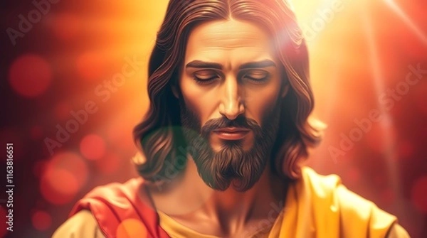 Fototapeta Serene easter jesus christ resurrection with contemplative expression glowing aura, peaceful spiritual & warm Christian season enlightenment
