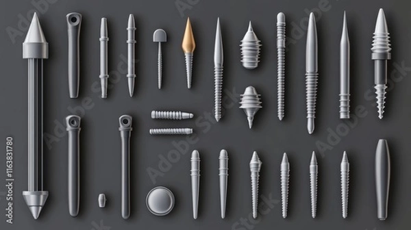 Fototapeta Nails hammered into wall, steel or silver pin heads, straight and bent metal hardware spikes or hobnails with grey caps top view isolated on transparent background. Realistic 3d vector icons set