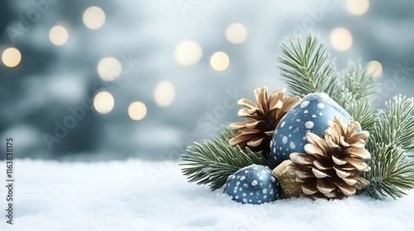 Fototapeta Festive Winter Decor With Pine Cones And Ornaments