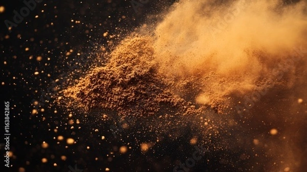 Fototapeta Explosion of coffee beans and powder. Vector realistic illustration of shredded roasted ground coffee and arabica grain pieces with splash of brown dust isolated on transparent background