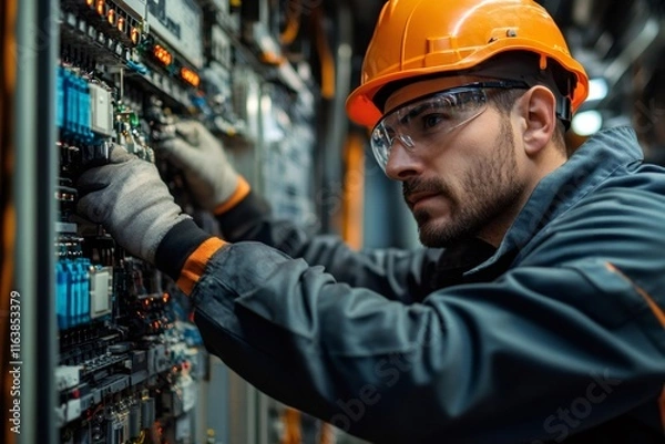 Fototapeta Electrician working on industrial control panel, maintaining power system