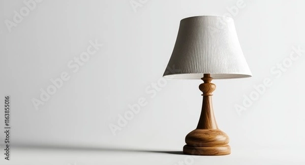 Obraz A high-resolution photo of an old wooden table lamp with a white shade, isolated on a clear background with soft shadows and clean sharp focus.