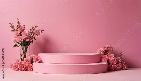 Fototapeta pink flowers in a vase with round podium with empty space