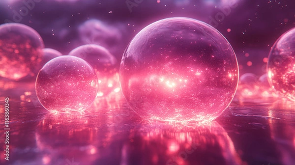 Fototapeta A cluster of floating orbs morphing into jagged shapes,