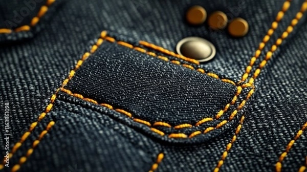 Obraz Denim cloth patches, labels with blue jean fabric texture. Vector illustration of fashion tags from blue canvas material with yellow stitches and rivets isolated on white background