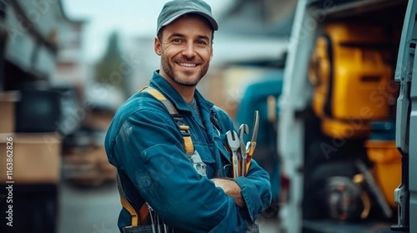 Fototapeta The Mobile Repair Technician: A man in uniform carrying tools on-site, Generative AI