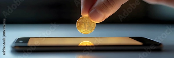Fototapeta Digital Currency,  Hand places Bitcoin over phone screen, symbolizing mobile transactions and digital asset investment.
