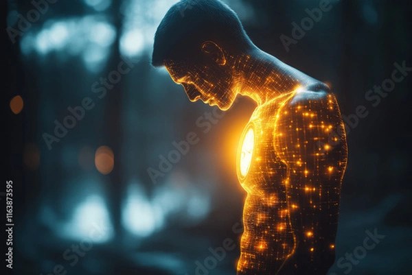 Fototapeta A human figure glowing softly with a clock replacing the stomach area,