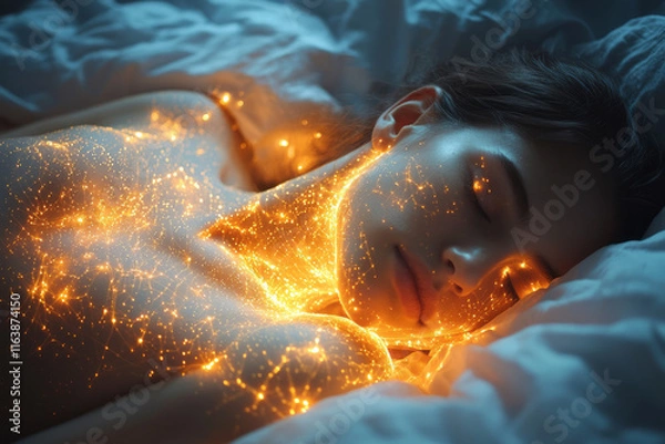 Fototapeta A person asleep on a simple bed, with soft glowing lines around their body,