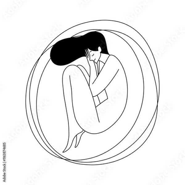 Fototapeta vector linear outline illustration, a cheerful girl sweetly sleeping curled up like a cat, in a round bed. Vector illustration