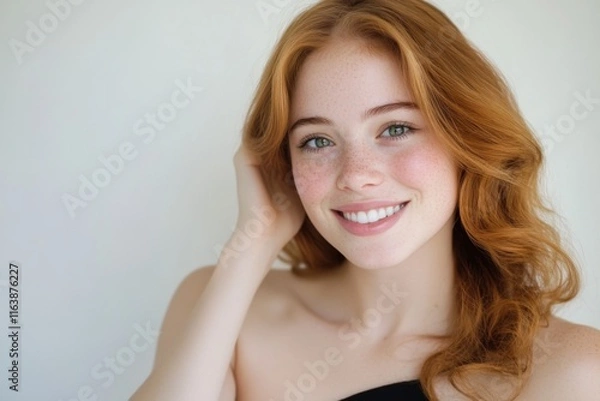 Obraz Close up portrait of young happy beautiful woman smiling and standing isolated on white background