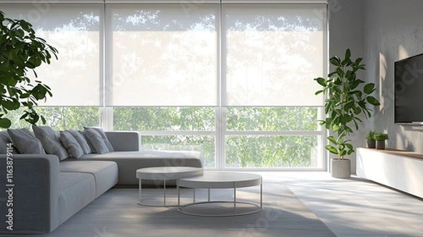 Obraz Sleek modern living room with white roller blinds covering large windows, soft gray sofa, and minimalist coffee table