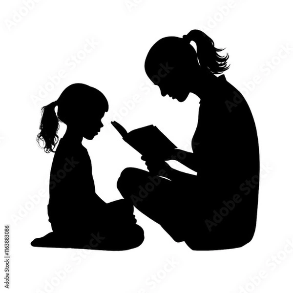 Obraz Little boy and little girl reading book silhouette, love reading, kids reading books Isolated vector illustration
