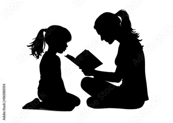 Obraz Little boy and little girl reading book silhouette, love reading, kids reading books Isolated vector illustration