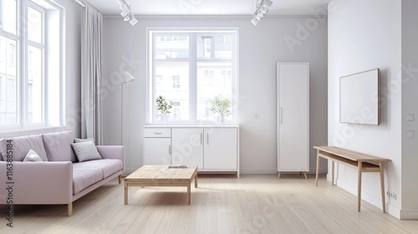Fototapeta Spacious studio apartment with light wooden floors, white walls, and a soft lavender sofa