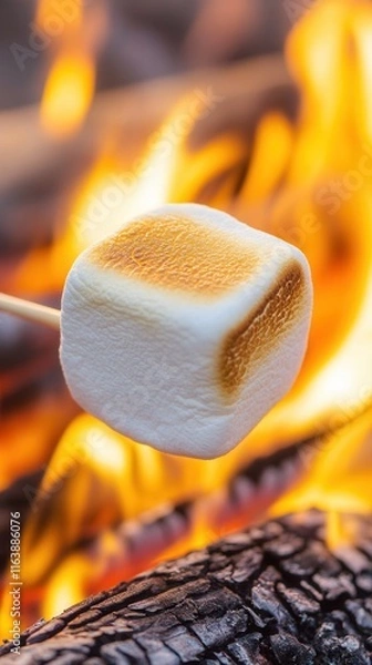 Obraz A delicious marshmallow is slowly being cooked on a stick held over a glowing fire, creating a perfect treat for all to enjoy. Bonfires with heart-shaped marshmallows