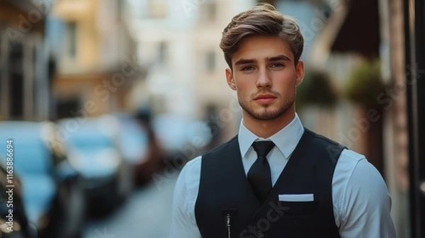 Fototapeta The Professional Valet: A Young Man in Uniform Promoting Valet Parking Service, Generative AI
