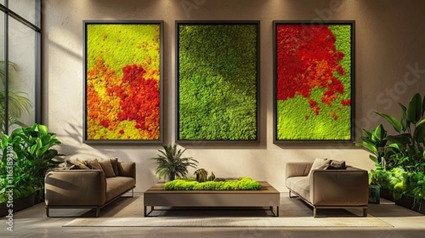 Obraz Three large frames with vibrant moss wall art in a modern living room with neutral tones