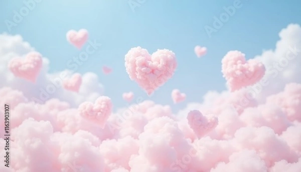 Fototapeta Pink clouds in shape of hearts. Romantic and dreamy atmosphere. Valentine's day concept. 