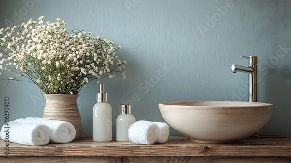 Fototapeta Elegant Bathroom Sink Featuring a Stylish Bowl and a Beautiful Vase of Fresh Flowers Creating a Serene and Inviting Atmosphere for Relaxation