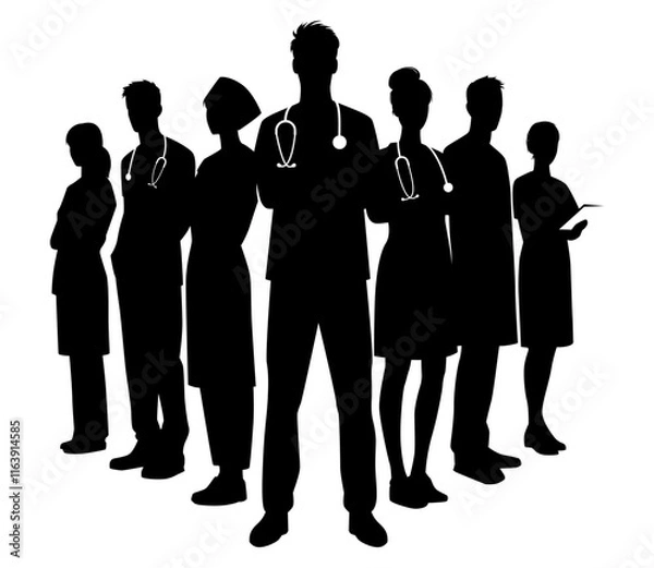 Fototapeta Silhouette group of doctor and nurse vector. Element design for poster, business advertising, backdrop, banner. Eps 10